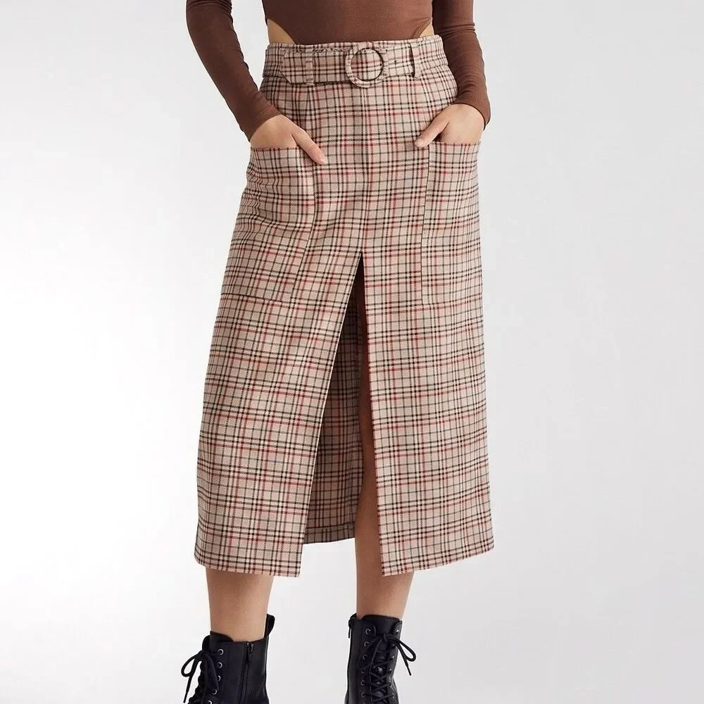 Zara Pencil Skirt Midi Plaid Brown Small High-Waisted Front Slit Preppy Fall